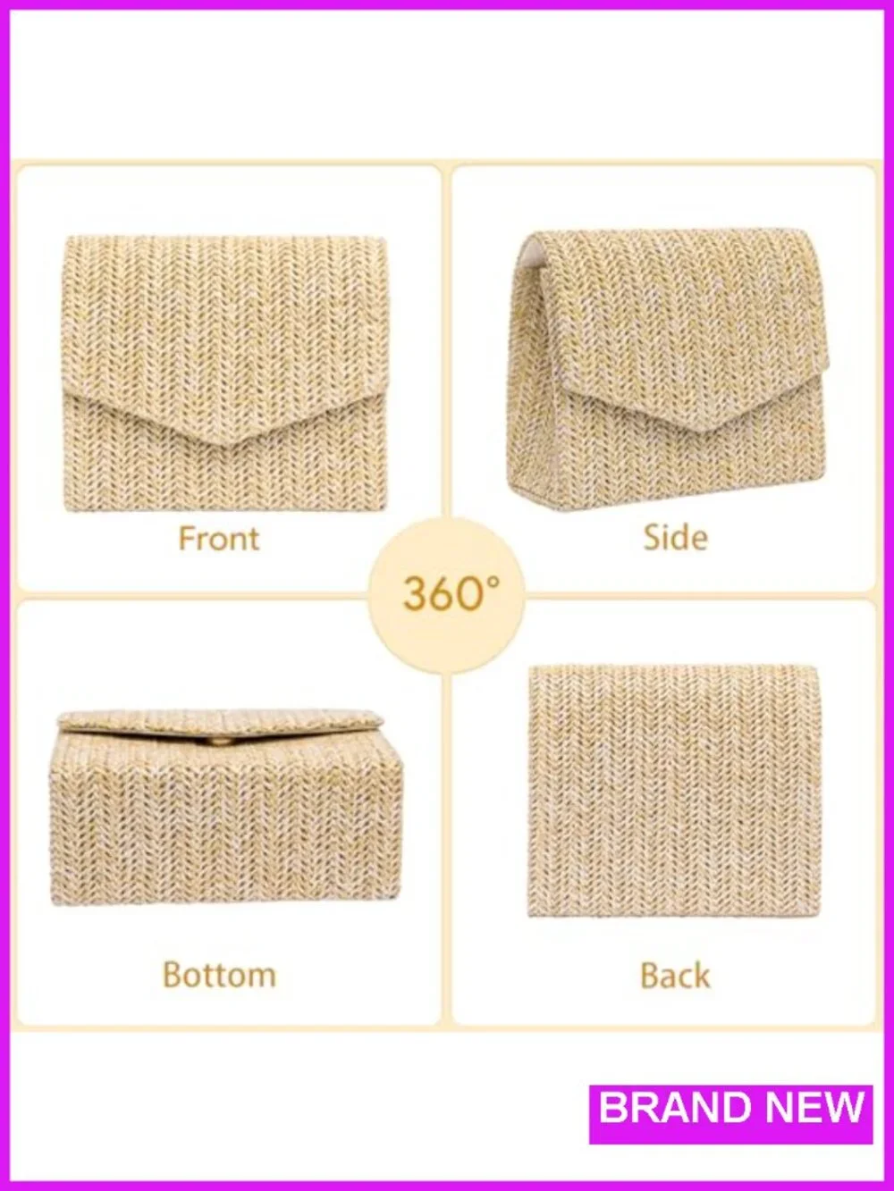 Straw Woven Clutch Purse with Detachable Chain, Bohemian Evening Handbag